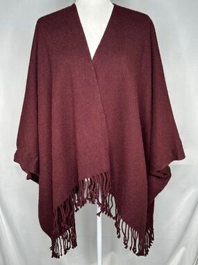 Talbots Burgundy Fringe Poncho Sweater Open Front Shrug Bohemian Sz O/S